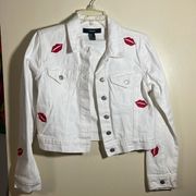FOREVER 21 white denim jacket womens Small pre-owned embroidered lips