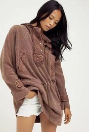 Free People Sadie Surplus Knit Jacket Hooded Pullover Drawstrings Brown