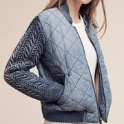CLOTH STONE ANTHROPOLOGIE ANTHRO Quilted Chambray Bomber Jacket Blue Denim Knit