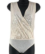 MNG Womens Size S Sequin Bodysuit Sparkle Top Sleeveless Faux Wrap