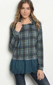 NWT Sz L Annabelle Plaid Long Sleeve Hooded Tunic Top