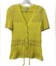 St John Sport Wool Blend Knit Short Sleeve Yellow Cardigan Tie Waist Size Small