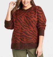 NWT Ava & Viv Brown Animal Print Crewneck Pull Over Sweater