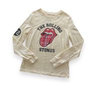The Rolling Stones Ivory Plaid Print Lips Long Sleeve Crewneck Band Tee T-Shirt