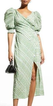 Cinq A Sept Dress Gia Plaid Puff Sleeve Green Midi Dress Size 6