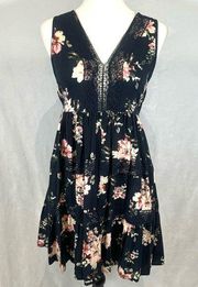 Xhilaration Dark navy and pink lace detail tiered floral  sundress size small