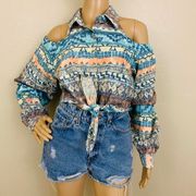 Vintage Byer California Cold Shoulder Cropped Button Down Top