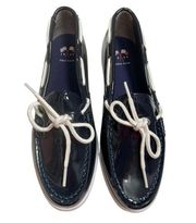 Cole Hann Navy Blue Shiny Patent Leather Boat Shoes w/ White Laces