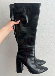 Katari Black Croc Pointed-Toe Knee High Boots