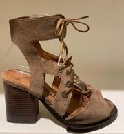 Tan Suede like material heel Sandals