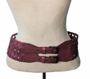 Nicole Miller Collection Red Leather Wide Belt Double Buckle Rivets Perforated M