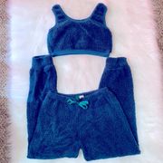 Charlotte Russe Blue Plush Two Piece Pajama Set with Crop Top and Joggers