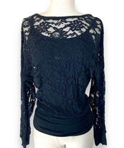 Venus black lace keyhole top, Long sleeve lacy knot open back blouse & camisole