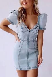 BUSTIER PUFF SLEEVE DENIM DRESS