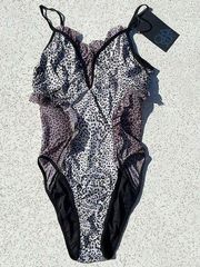 Revolve Gray Leopard Print Ruffled Cutout One Piece Swimsuit