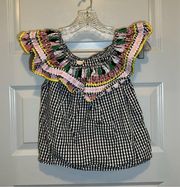 Velzera Black Gingham Multicolor Embroidery Off Shoulder Blouse size S