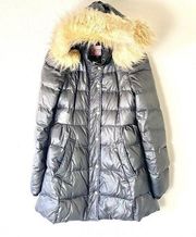 Juicy Couture Y2K Black Down Puffer Hooded Fur Trim Overcoat Coat Size Small