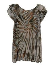 ONE WORLD Rayon Tie Dye Top Layered Cap Sleeves Studded V-Neck Olive/Orange M/L