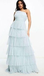 NWT  Petite One Shoulder Tiered Ruffle Formal Gown Light Blue