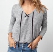 Leigh Heather Gray Lace-up Front Lightweight Knit Sweater