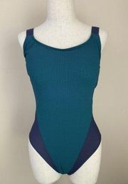 Vintage 80’s Jantzen One Piece Scrunch Plaid Swimsuit Size 10 Blue Green