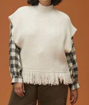 Fringed Mock Neck Ivory Sweater Vest