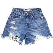 Organic Blue Distressed Raw Hem Denim Mom Shorts, Size 2