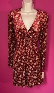 Bebop Women's M Burgundy Floral V-Neck Faux Wrap Dress Long Sleeve Knee Length