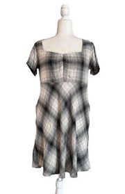 Obey Gray Plaid Fit & Flare Short Cap Sleeve Womens Size M Square Neck Grunge