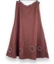 Carole Little linen blend brown floral embroidered applique A line midi skirt 12