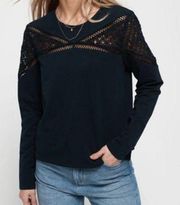 SuperDry Outfitters Lace Panel Long Sleeve Pullover Crewneck Navy 10