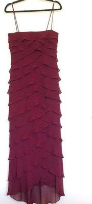 Tadashi Shoji Burgundy Colored Straight Across Neckline Tiered Silk Long Gown