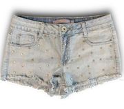 Studded Star Denim Shorts Cut-Off Size 9 Tattered Y2K Raw Hem Blue 100% Cotton