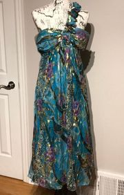 Betsy Lauren Vintage Dress Y2k Formal Evening Sz 6 Print Animal Pattern One Shoulder Multicolor Tropical Rainforest 