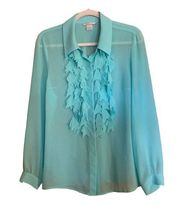 Alberto Makali Womens Size Large Blue Ruffle Front Sheer Button Up Shirt Blouse