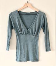 Vneck 3/4 Sleeve Top in Blue Metallic - Size OS