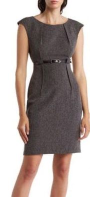 Jones Wear Belted Sheath Tweed Knee Length Dress Black Grey Medium Large 10