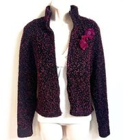 Doncaster Vintage Textured Floral Zip Front Cardigan Sweater Black Pink Large