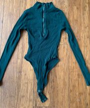 Dark green ribbed high collar Bodysuit with zipper