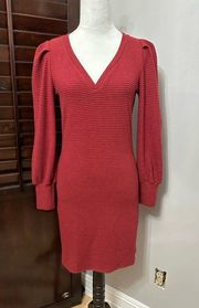 NWT  Womens Sheath Dress Red Stretch V Neck Long Sleeve Knit S New