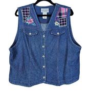 Jantzen Classic Vest Womens XL Denim Blue Jean Vintage Patchwork Floral Western