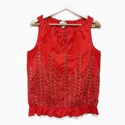 ECI Embroidered Floral Top Womens Size L Sleeveless Keyhole Cotton Red‎ Gold