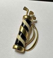 Golf Bag With Clubs Gold Tone Cream/Black Brooch Pin Golfing Perfect For Golfer