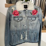 Rails roses embroidered faux fur lined jean jacket