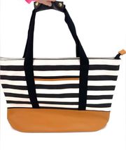 DSW Striped Black & White Zippered Tote Bag With Black Straps