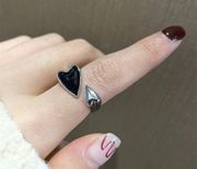 Sterling Silver Modern Black Heart Love 925  Adjustable Ring