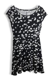 New York & Company Black White Leaf Print Polka Dot Short Sleeve Mini Dress