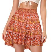 Nicole Miller Floral High Waist Tiered Ruffle Mini Skirt Orange Yellow Size S