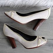 Fendi Ivory Perforated Leather Buckle Peep Toe Wooden High Heels