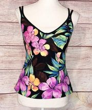 Miraclesuit Black and Purple/Pink Orchid Floral Double Strap Tankini Top Size 8